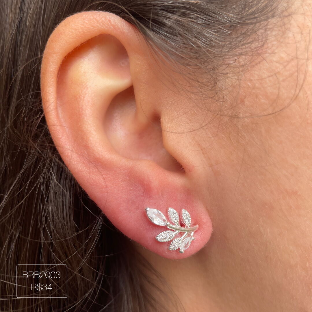 Brinco Folha Delicada c/ 2 Navetes Cristal Prateado